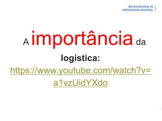 Introdução à Logística
A importânciada
logística:
https://www.youtube.com/watch?v=
a1vzUidYXdo
 