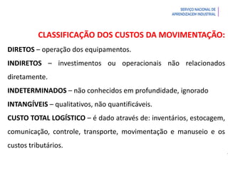 Introdução à Logística
CLASSIFICAÇÃO DOS CUSTOS DA MOVIMENTAÇÃO:
DIRETOS – operação dos equipamentos.
INDIRETOS – investimentos ou operacionais não relacionados
diretamente.
INDETERMINADOS – não conhecidos em profundidade, ignorado
INTANGÍVEIS – qualitativos, não quantificáveis.
CUSTO TOTAL LOGÍSTICO – é dado através de: inventários, estocagem,
comunicação, controle, transporte, movimentação e manuseio e os
custos tributários.
 