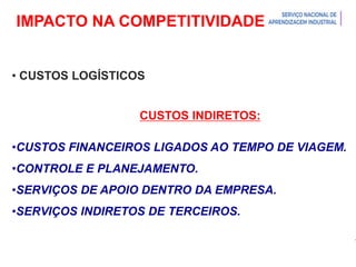Introdução à Logística
• CUSTOS LOGÍSTICOS
CUSTOS INDIRETOS:
IMPACTO NA COMPETITIVIDADE
•CUSTOS FINANCEIROS LIGADOS AO TEMPO DE VIAGEM.
•CONTROLE E PLANEJAMENTO.
•SERVIÇOS DE APOIO DENTRO DA EMPRESA.
•SERVIÇOS INDIRETOS DE TERCEIROS.
 