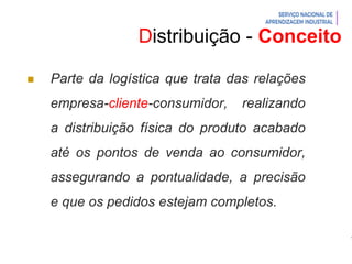 Introdução à Logística
Distribuição - Conceito
 Parte da logística que trata das relações
empresa-cliente-consumidor, realizando
a distribuição física do produto acabado
até os pontos de venda ao consumidor,
assegurando a pontualidade, a precisão
e que os pedidos estejam completos.
 