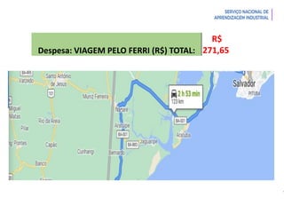 Introdução à Logística
Despesa: VIAGEM PELO FERRI (R$) TOTAL:
R$
271,65
 