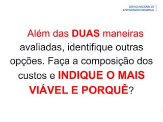Introdução à Logística
Além das DUAS maneiras
avaliadas, identifique outras
opções. Faça a composição dos
custos e INDIQUE O MAIS
VIÁVEL E PORQUÊ?
 