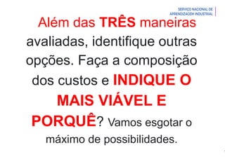 Introdução à Logística
Além das TRÊS maneiras
avaliadas, identifique outras
opções. Faça a composição
dos custos e INDIQUE O
MAIS VIÁVEL E
PORQUÊ? Vamos esgotar o
máximo de possibilidades.
 