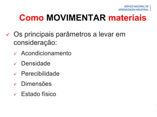 Introdução à Logística
Como MOVIMENTAR materiais
 Os principais parâmetros a levar em
consideração:
 Acondicionamento
 Densidade
 Perecibilidade
 Dimensões
 Estado físico
 
