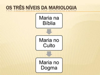 OS TRÊS NÍVEIS DA MARIOLOGIA

             Maria na
              Bíblia


             Maria no
              Culto


             Maria no
             Dogma
 