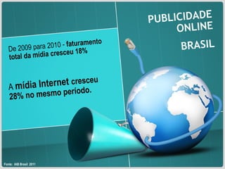 Fonte:  IAB Brasil  2011 PUBLICIDADE ONLINE BRASIL De 2009 para 2010 -  faturamento total da mídia cresceu 18% A  mídia Internet  cresceu 28% no mesmo período. 