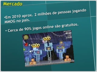 Mercado Em 2010 aprox. 2 milhões de pessoas jogando MMOG no país. Cerca de 90% jogos online são gratuitos. 