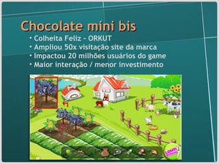 Chocolate mini bis Colheita Feliz – ORKUT Ampliou 50x visitação site da marca Impactou 20 milhões usuários do game Maior interação / menor investimento 
