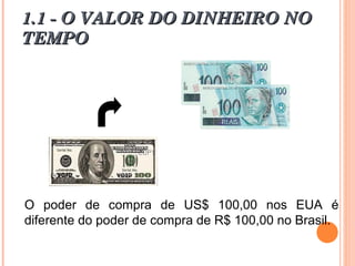 O poder de compra de US$ 100,00 nos EUA é
diferente do poder de compra de R$ 100,00 no Brasil.
1.1 - O VALOR DO DINHEIRO NO1.1 - O VALOR DO DINHEIRO NO
TEMPOTEMPO
 