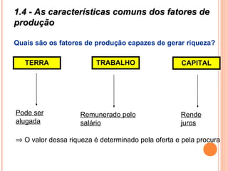 1.4 - As características comuns dos fatores de1.4 - As características comuns dos fatores de
produçãoprodução
Quais são os fatores de produção capazes de gerar riqueza?
TERRA TRABALHO CAPITAL
Pode ser
alugada
Remunerado pelo
salário
Rende
juros
⇒ O valor dessa riqueza é determinado pela oferta e pela procura
 