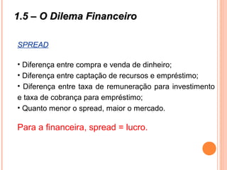 1.5 – O Dilema Financeiro1.5 – O Dilema Financeiro
SPREAD
• Diferença entre compra e venda de dinheiro;
• Diferença entre captação de recursos e empréstimo;
• Diferença entre taxa de remuneração para investimento
e taxa de cobrança para empréstimo;
• Quanto menor o spread, maior o mercado.
Para a financeira, spread = lucro.
 