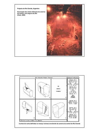 6
Projecto de Rio Grande, ArgentinaProjecto de Rio Grande, Argentina
EscavaEscavaçção dos não dos nííveis inferiores da cavernaveis inferiores da caverna
da central, com largura de 25mda central, com largura de 25m
((HoekHoek, 2000), 2000)
Cunhas de rocha definidas no maciCunhas de rocha definidas no maciçço rochoso envolvente da caverna da central de Rio Grandeo rochoso envolvente da caverna da central de Rio Grande
 
