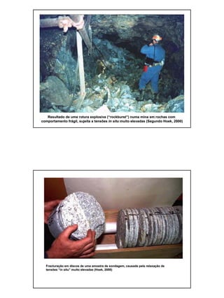 7
Resultado de uma rotura explosiva (Resultado de uma rotura explosiva (““rockburstrockburst””) numa mina em rochas com) numa mina em rochas com
comportamento frcomportamento fráágil, sujeita a tensõesgil, sujeita a tensões inin situsitu muito elevadas (Segundomuito elevadas (Segundo HoekHoek, 2000), 2000)
FracturaFracturaççãoão em discos de uma amostra de sondagem, causada pela relaxaem discos de uma amostra de sondagem, causada pela relaxaçção deão de
tensõestensões ““inin situsitu”” muito elevadas (muito elevadas (HoekHoek, 2000), 2000)
 