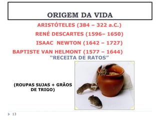 ORIGEM DA VIDA 
ARISTÓTELES (384 – 322 a.C.) 
RENÉ DESCARTES (1596– 1650) 
ISAAC NEWTON (1642 – 1727) 
BAPTISTE VAN HELMONT (1577 – 1644) 
“RECEITA DE RATOS” 
(ROUPAS SUJAS + GRÃOS 
13 
DE TRIGO) 
 