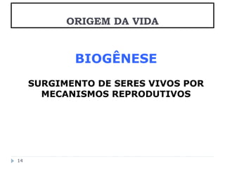 BIOGÊNESE 
SURGIMENTO DE SERES VIVOS POR 
MECANISMOS REPRODUTIVOS 
14 
ORIGEM DA VIDA 
 