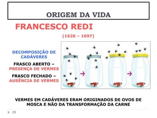 ORIGEM DA VIDA 
FRANCESCO REDI 
(1626 – 1697) 
DECOMPOSIÇÃO DE 
VERMES EM CADÁVERES ERAM ORIGINADOS DE OVOS DE 
MOSCA E NÃO DA TRANSFORMAÇÃO DA CARNE 
15 
CADÁVERES 
FRASCO ABERTO – 
PRESENÇA DE VERMES 
FRASCO FECHADO – 
AUSÊNCIA DE VERMES 
 