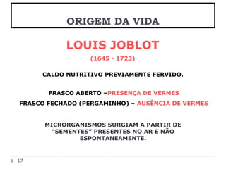 ORIGEM DA VIDA 
LOUIS JOBLOT 
(1645 - 1723) 
17 
CALDO NUTRITIVO PREVIAMENTE FERVIDO. 
FRASCO ABERTO –PRESENÇA DE VERMES 
FRASCO FECHADO (PERGAMINHO) – AUSÊNCIA DE VERMES 
MICRORGANISMOS SURGIAM A PARTIR DE 
“SEMENTES” PRESENTES NO AR E NÃO 
ESPONTANEAMENTE. 
 