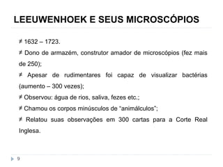 LEEUWENHOEK E SEUS MICROSCÓPIOS 
≠ 1632 – 1723. 
≠ Dono de armazém, construtor amador de microscópios (fez mais 
de 250); 
≠ Apesar de rudimentares foi capaz de visualizar bactérias 
(aumento – 300 vezes); 
≠ Observou: água de rios, saliva, fezes etc.; 
≠ Chamou os corpos minúsculos de “animálculos”; 
≠ Relatou suas observações em 300 cartas para a Corte Real 
Inglesa. 
9 
 
