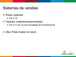 Globalcode – Open4education
Sistemas de versões
Pares: estáveis
0.8, 0.10
Ímpares: instáveis/experimentais
0.9, 0.11 (ex: já com novidades do EcmaScript 6)
Obs: Pode mudar no futuro
 