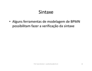 • Alguns ferramentas de modelagem de BPMN
possibilitam fazer a verificação da sintaxe
Prof. Saulo Barbará - saulobarbara@ufrrj.br 10
Sintaxe
 