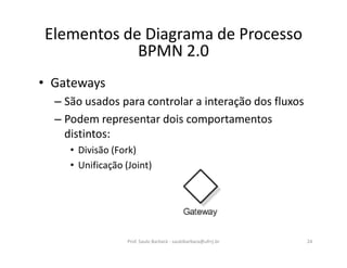 • Gateways
– São usados para controlar a interação dos fluxos
– Podem representar dois comportamentos
distintos:
• Divisão (Fork)
• Unificação (Joint)
Prof. Saulo Barbará - saulobarbara@ufrrj.br 24
Elementos de Diagrama de Processo
BPMN 2.0
 