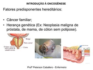 INTRODUÇÃO À ONCOGÊNESE

Fatores predisponentes hereditários:

• Câncer familiar;
• Herança genética (Ex: Neoplasia maligna de
  próstata, de mama, de cólon sem polipose).




              Profº Peterson Caballero - Enfermeiro
 