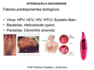 INTRODUÇÃO À ONCOGÊNESE

Fatores predisponentes biológicos:

• Vírus: HPV, HCV, HIV, HTLV, Epistein-Barr;
• Bactérias: Helicobacter pylori;
• Parasitas: Clonirchis sinensis;




              Profº Peterson Caballero - Enfermeiro
 