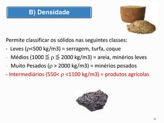 B) Densidade 
Permite classificar os sólidos nas seguintes classes: 
- Leves (<500 kg/m3) = serragem, turfa, coque 
- Médios (1000 ≦  ≦ 2000 kg/m3) = areia, minérios leves 
- Muito Pesados ( > 2000 kg/m3) = minérios pesados 
- Intermediários (550<  <1100 kg/m3) = produtos agrícolas 
18 
 
