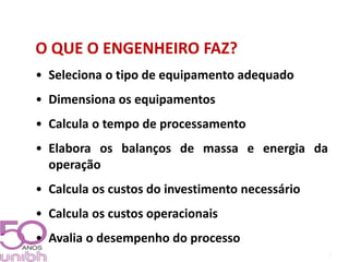 3 
O QUE O ENGENHEIRO FAZ? 
• Seleciona o tipo de equipamento adequado 
• Dimensiona os equipamentos 
• Calcula o tempo de processamento 
• Elabora os balanços de massa e energia da 
operação 
• Calcula os custos do investimento necessário 
• Calcula os custos operacionais 
• Avalia o desempenho do processo 
 