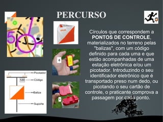   
PERCURSO
Círculos que correspondem a
PONTOS DE CONTROLE,
materializados no terreno pelas
"balizas", com um código
definido para cada uma e que
estão acompanhadas de uma
estação eletrônica e/ou um
picotador. Introduzindo o seu
identificador eletrônico que é
transportado preso num dedo, ou
picotando o seu cartão de
controle, o praticante comprova a
passagem por cada ponto.
 