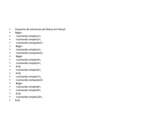 • Esquema de estruturas de blocos em Pascal:
• Begin
• <comando-simples1>;
• <comando-simples2>;
• <comando-composto1>
• Begin
• <comando-simples3>;
• <comando-composto2>
• Begin
• <comando-simples4>;
• <comando-simples5>;
• End;
• <comando-simples6>;
• End;
• <comando-simples7>;
• <comando-composto3>
• Begin
• <comando-simples8>;
• <comando-simples9>;
• End;
• <comando-simples10>;
• End.
 
