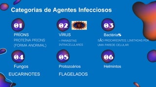 PRÍONS
01
PROTEÍNA PRIONS
(FORMA ANORMAL)
VÍRUS
02
– PARASITAS
INTRACELULARES
Fungos
04
EUCARINOTES
Protozoários
05
FLAGELADOS
Categorias de Agentes Infecciosos
Bactérias
03
SÃO PROCARIONTES; LIMITADAS POR
UMA PAREDE CELULAR.
Helmintos
06
 