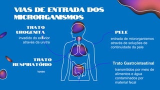 Vias de Entrada dos
Microrganismos
Trato
Urogenita
l
invadido do exterior
através da uretra
PELE
entrada de microrganismos
através de soluções de
continuidade da pele
Trato
respiratório
tosse
Trato Gastrointestinal
transmitidos por meio de
alimentos e água
contaminados por
material fecal
 