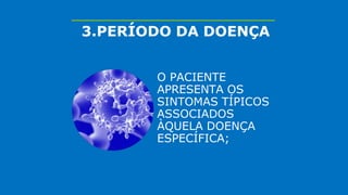 3.PERÍODO DA DOENÇA
O PACIENTE
APRESENTA OS
SINTOMAS TÍPICOS
ASSOCIADOS
ÀQUELA DOENÇA
ESPECÍFICA;
 