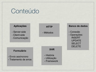 Conteúdo
Aplicações
- Server-side
- Client-side
- Comunicação
HTTP
- Métodos
XHR
- História
- Utilização
- Framework
Banco de dados
- Conexão
- Operações:
INSERT
UPDATE
SELECT
DELETE
Formulário
- Envio assíncrono
- Tratamento de erros
 