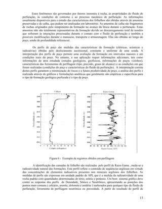 Estes fenômenos são governados por fatores inerentes à rocha, às propriedades do fluido de
perfuração, às condições de contorno e ao processo mecânico de perfuração. As informações
usualmente disponíveis para o estudo das características dos folhelhos são obtidas através de amostras
preservadas e de calha, que podem ser analisadas em laboratório. As amostras de calha são fragmentos
de rochas originados pelo rompimento da formação no avanço da broca durante a perfuração. Estas
amostras não são totalmente representativas da formação devido ao descarregamento total de tensões
que sofreram às interações processadas durante o contato com o fluido de perfuração e também a
possíveis modificações durante o manuseio, transporte e armazenagem. Elas são obtidas ao longo do
poço, sendo de profundidade referencial.

         Os perfis de poço são medidas das características da formação (elétricas, acústicas e
radioativas) obtidas pelo deslocamento ascensional, constante e uniforme de uma sonda. A
interpretação dos perfis de poço permite uma avaliação da formação em intervalos maiores e em
condições reais do poço. No entanto, a sua aplicação requer informações adicionais, tais como
informações da área estudada (estudos geológicos, geofísicos, informações de poços vizinhos),
características das ferramentas de perfilagem (tipo, precisão, graus de alcance) e as condições em que
foram realizadas (condições do poço e características do fluido de perfuração). A interpretação correta
destes perfis garantem a minimização de riscos e a futura produtividade do poço, a análise dos perfis é
realizada através de gráficos e formulações analíticas que geralmente são empíricas e especificas para
o tipo de formação geológica perfurada e o tipo de poço.




                       Figura 6 - Exemplo de registros obtidos em perfilagem

         A identificação das camadas de folhelho são realizadas pelo perfil de Raios Gama , mede-se a
radioatividade natural das formações. Este perfil reflete o conteúdo de seqüências argilosas em virtude
das concentrações de elementos radioativos presentes nos minerais argilosos dos folhelhos. As
medidas de perfis são expressas em unidade padrão de API, que é a medida da radioatividade de uma
rocha padrão com quantidades determinadas de tório, urânio e potássio. Um bom sistema gráfico deve
conter as respostas dos perfis de Densidade, Sônico e Neutrônico, apresentando as posições dos
pontos mais comuns ( calcário, arenito, dolomita e anidrita ) inalterados para qualquer tipo de fluido de
perfuração, ferramenta de perfilagem neutrônica ou porosidade. A partir do resultado do perfil de


                                                                                                      13
 