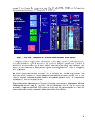 strings. O comprimento das strings varia entre 30 e 130 pés (9,144 e 39,624 m). As ferramentas
suportam temperaturas de até 260ºC e pressões de 20.000 psi.




     Figura 2 - String / PEX - Equipamentos para perfilagem usando raios gama e fluxo de nêutrons .


A string mais utilizada em poço aberto é a Plataform Express (PEX) constituída por três ferramentas,
conforme ilustrado na Figura 6. Ela realiza três diferentes medições: Resistividade, Densidade e
Porosidade (Neutron Gama Ray). É muito comum acrescentar à esta string uma ferramenta com
emissor de ondas ultra sônicas, para se ter uma segunda medida de porosidade. O nome da string passa
a ser PEX/Sônico.

Os dados adquiridos são enviados através do cabo de perfilagem até a unidade de perfilagem. Essa
pode estar em um caminhão, no caso dos poços terrestres (onshore), ou em uma unidade Skid, no caso
de poços marinhos (offshore). Os dados são então processados e o perfil é criado. Um exemplo deste
tipo de perfil é mostrado na figura 2 acima.

Uma Unidade de Perfilagem tem como elementos principais: o guincho e seus acionamentos, a bobina
(acionada pelo guincho) onde fica enrolado o cabo, um medidor da tensão no cabo, um medidor da
velocidade do cabo e profundidade da ferramenta, e finalmente o sistema de aquisição, processamento
e controle de todos os dados e sinais necessários aos trabalhos de perfilagem.




                                                                                                      9
 