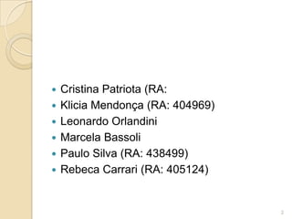Cristina Patriota (RA: Klicia Mendonça (RA: 404969)Leonardo OrlandiniMarcela BassoliPaulo Silva (RA: 438499)Rebeca Carrari (RA: 405124)2