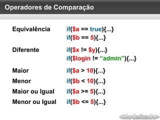 Operadores de Comparação
Equivalência if($a == true){...}
if($b == 5){...}
Diferente if($x != $y){...}
if($login != “admin”){...}
Maior if($a > 10){...}
Menor if($b < 10){...}
Maior ou Igual if($a >= 5){...}
Menor ou Igual if($b <= 5){...}
 