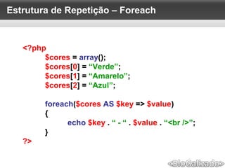 Estrutura de Repetição – Foreach
<?php
$cores = array();
$cores[0] = “Verde”;
$cores[1] = “Amarelo”;
$cores[2] = “Azul”;
foreach($cores AS $key => $value)
{
echo $key . “ - “ . $value . “<br />”;
}
?>
 