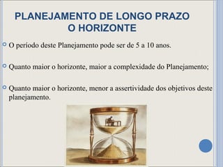 PLANEJAMENTO DE LONGO PRAZO
             O HORIZONTE
   O período deste Planejamento pode ser de 5 a 10 anos.

   Quanto maior o horizonte, maior a complexidade do Planejamento;

   Quanto maior o horizonte, menor a assertividade dos objetivos deste
    planejamento.
 
