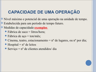 CAPACIDADE DE UMA OPERAÇÃO
 Nível máximo e potencial de uma operação na unidade de tempo.
 Estabelecida para um período de tempo futuro.
 Medidas de capacidade:exemplos
    Fábrica de suco = litros/hora;
    Fábrica de aço = ton/mês;
    Cinema, teatro, estacionamento = nº de lugares, ou nº por dia;
    Hospital = nº de leitos
    Serviço = nº de clientes atendidos/ dia
 