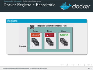 Apresenta¸c˜ao Introdu¸c˜ao Docker, conceitos e termos
Docker Registro e Reposit´orio
Registro
Thiago Almeida thiagoalmeida@ufpa.br — Introdu¸c˜ao ao Docker 17/17
 