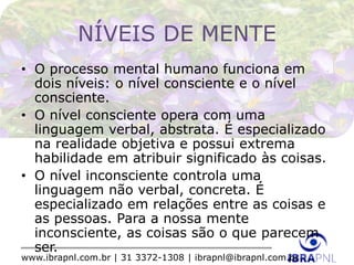 www.ibrapnl.com.br | 31 3372-1308 | ibrapnl@ibrapnl.com.br
NÍVEIS DE MENTE
• O processo mental humano funciona em
dois níveis: o nível consciente e o nível
consciente.
• O nível consciente opera com uma
linguagem verbal, abstrata. É especializado
na realidade objetiva e possui extrema
habilidade em atribuir significado às coisas.
• O nível inconsciente controla uma
linguagem não verbal, concreta. É
especializado em relações entre as coisas e
as pessoas. Para a nossa mente
inconsciente, as coisas são o que parecem
ser.
 