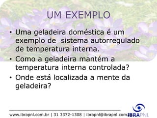 www.ibrapnl.com.br | 31 3372-1308 | ibrapnl@ibrapnl.com.br
UM EXEMPLO
• Uma geladeira doméstica é um
exemplo de sistema autorregulado
de temperatura interna.
• Como a geladeira mantém a
temperatura interna controlada?
• Onde está localizada a mente da
geladeira?
 