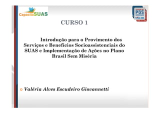 CURSO 1
Introdução para o Provimento dos
Serviços e Benefícios Socioassistenciais do
SUAS e Implementação de Ações no Plano
Brasil Sem Miséria
Valéria Alves Escudeiro Giovannetti
 