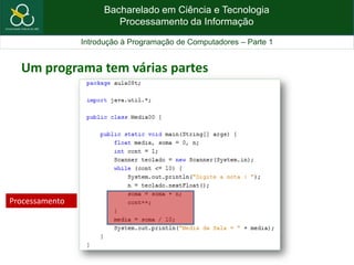 Bacharelado em Ciência e Tecnologia
Processamento da Informação
Introdução à Programação de Computadores – Parte 1
Um programa tem várias partes
Processamento
 