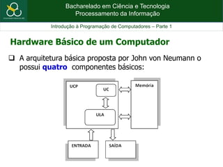 Bacharelado em Ciência e Tecnologia
Processamento da Informação
Introdução à Programação de Computadores – Parte 1
 A arquitetura básica proposta por John von Neumann o
possui quatro componentes básicos:
Hardware Básico de um Computador
 