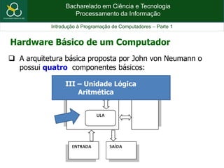Bacharelado em Ciência e Tecnologia
Processamento da Informação
Introdução à Programação de Computadores – Parte 1
 A arquitetura básica proposta por John von Neumann o
possui quatro componentes básicos:
Hardware Básico de um Computador
III – Unidade Lógica
Aritmética
 