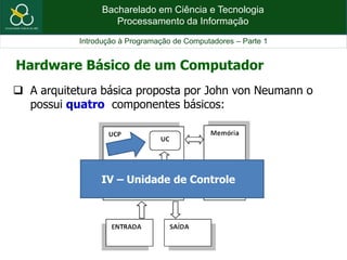 Bacharelado em Ciência e Tecnologia
Processamento da Informação
Introdução à Programação de Computadores – Parte 1
 A arquitetura básica proposta por John von Neumann o
possui quatro componentes básicos:
Hardware Básico de um Computador
IV – Unidade de Controle
 